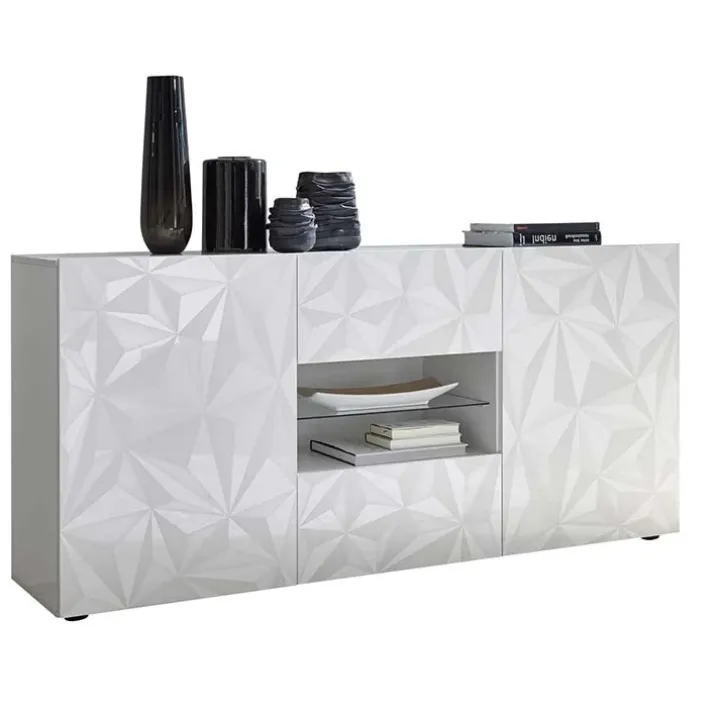 Madia 181x84h cm 2 ante soggiorno bianco laccato lucido con serigrafia Marvis