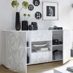 Madia 181x84h cm 2 ante soggiorno bianco laccato lucido con serigrafia Marvis