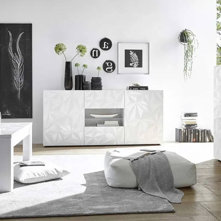 Madia 181x84h cm 2 ante soggiorno bianco laccato lucido con serigrafia Marvis