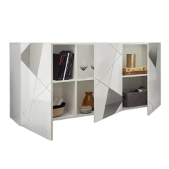 Madia 181x84h cm 3 ante soggiorno bianco lucido specchio con serigrafia Olimpo