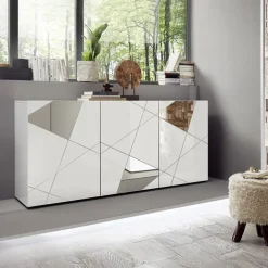 Madia 181x84h cm 3 ante soggiorno bianco lucido specchio con serigrafia Olimpo