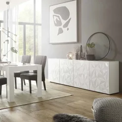 Madia 241x84h cm 4 ante soggiorno bianco lucido con serigrafia Marvis