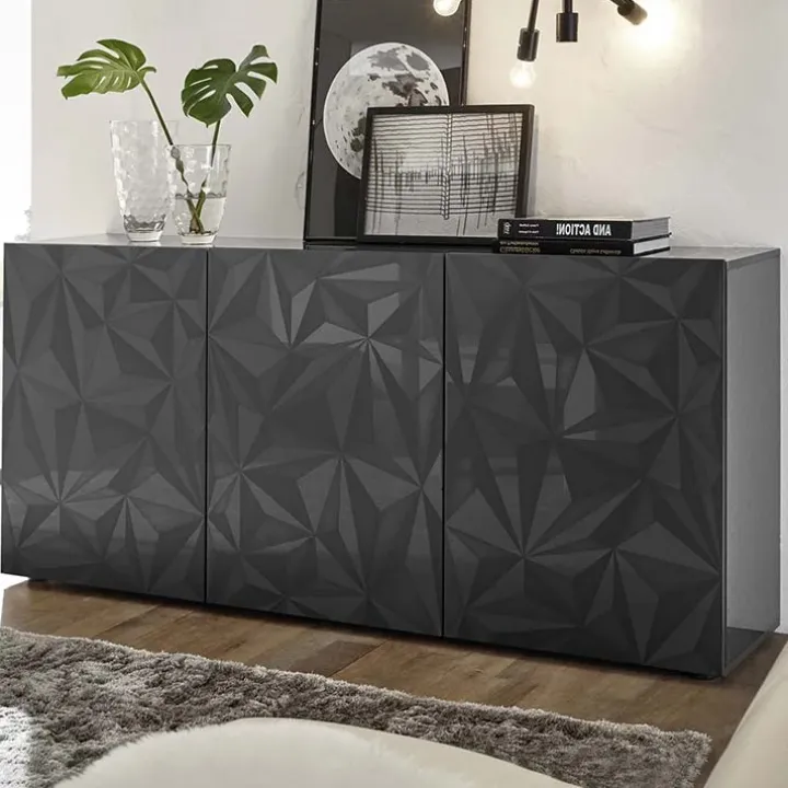 Madia 181x84h cm 3 ante soggiorno grigio lucido con serigrafia Marvis