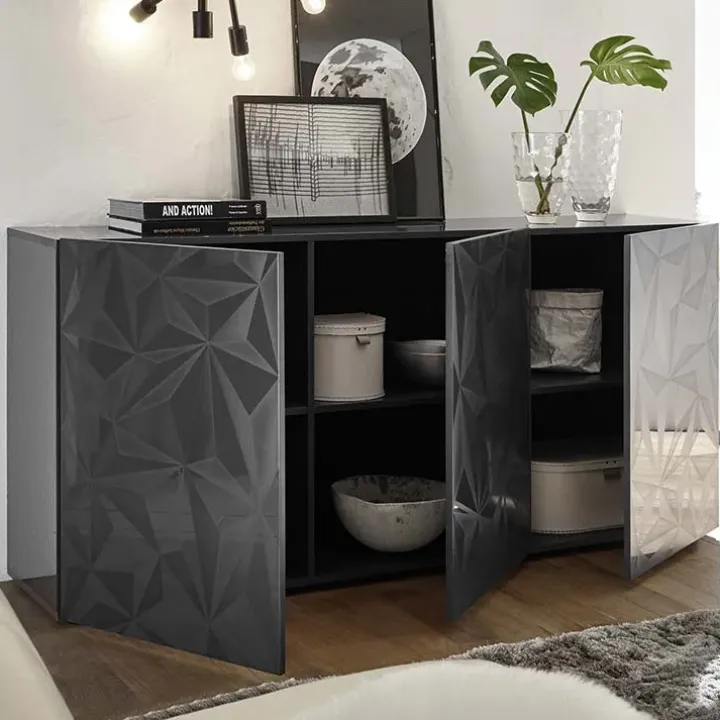 Madia 181x84h cm 3 ante soggiorno grigio lucido con serigrafia Marvis