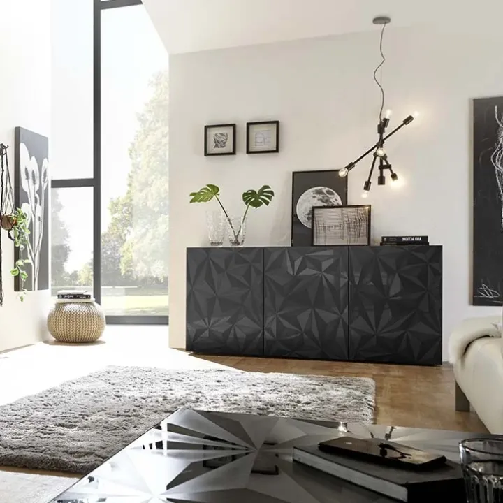 Madia 181x84h cm 3 ante soggiorno grigio lucido con serigrafia Marvis