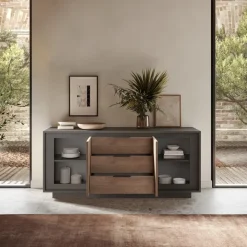 Madia 180x80h cm 3 cassetti 2 ante moderna antracite rovere scuro Deluxe