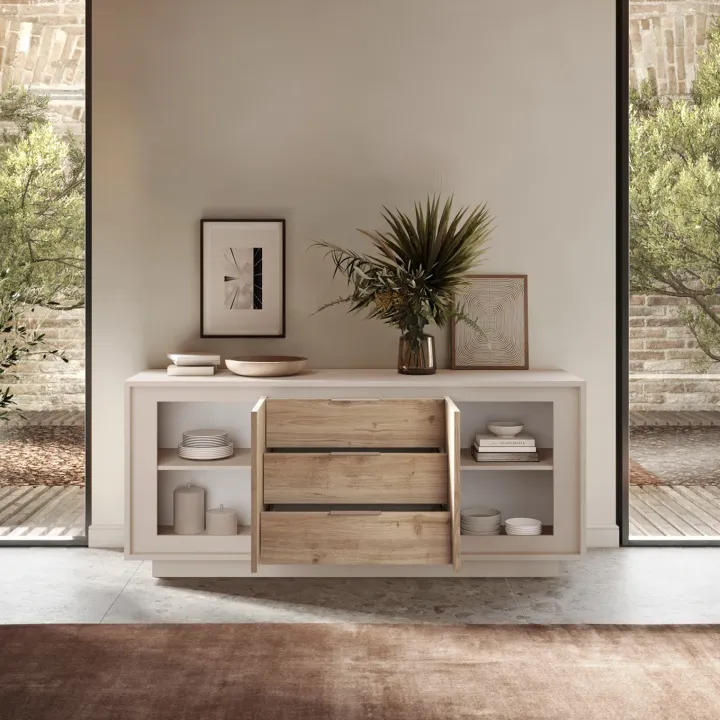 Madia 180x80h cm 3 cassetti 2 ante moderna beige rovere chiaro Deluxe