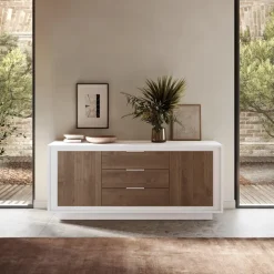 Madia 180x80h cm 3 cassetti 2 ante moderna bianco opaco rovere scuro Deluxe