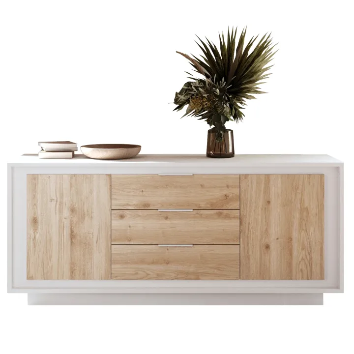 Madia 180x80h cm 3 cassetti 2 ante moderna bianco opaco rovere chiaro Deluxe