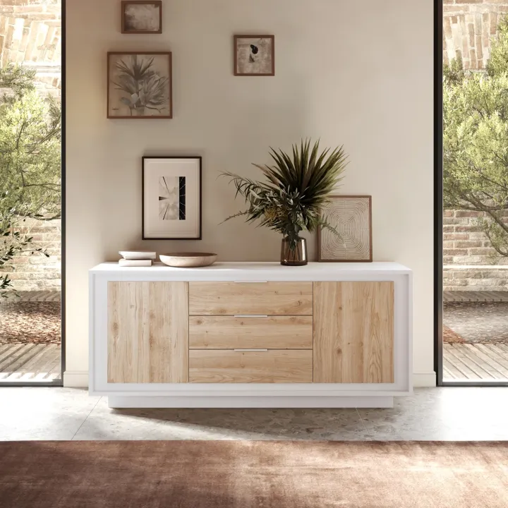 Madia 180x80h cm 3 cassetti 2 ante moderna bianco opaco rovere chiaro Deluxe