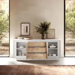 Madia 180x80h cm 3 cassetti 2 ante moderna bianco opaco rovere chiaro Deluxe
