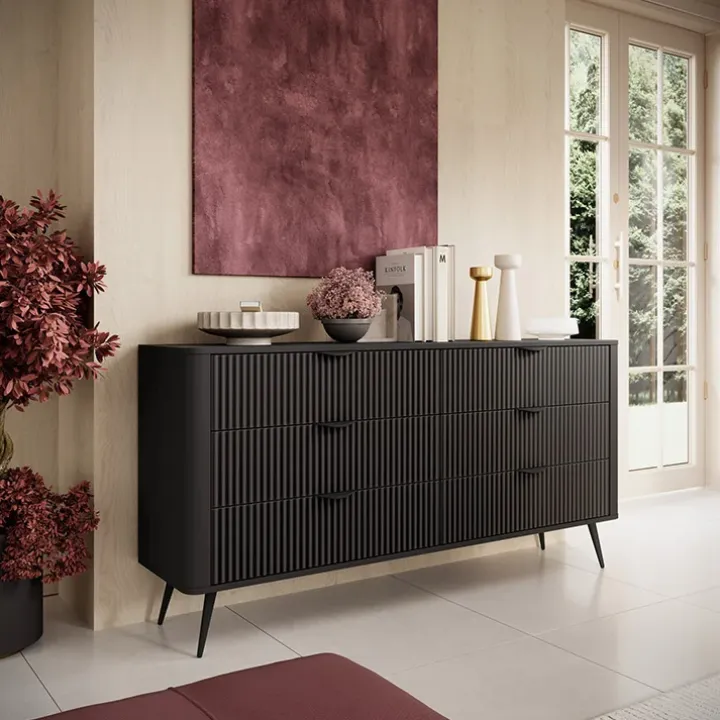 Madia 163x81h cm 6 cassetti moderna nero opaco cannettato Ramis