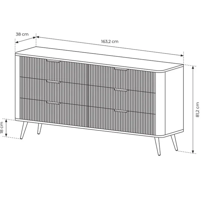 Madia 163x81h cm 6 cassetti moderna nero opaco cannettato Ramis