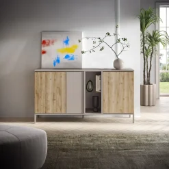 Madia 160x86h cm moderna 3 ante 2 vani soggiorno rovere chiaro beige Silka