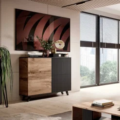 Madia 100x95h cm moderna soggiorno design industrial rovere nero Nandina