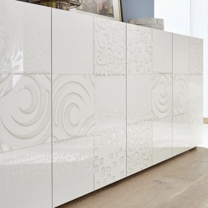 Madia 241x84h cm soggiorno bianco lucido con serigrafia Paradise