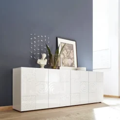 Madia 241x84h cm soggiorno bianco lucido con serigrafia Paradise