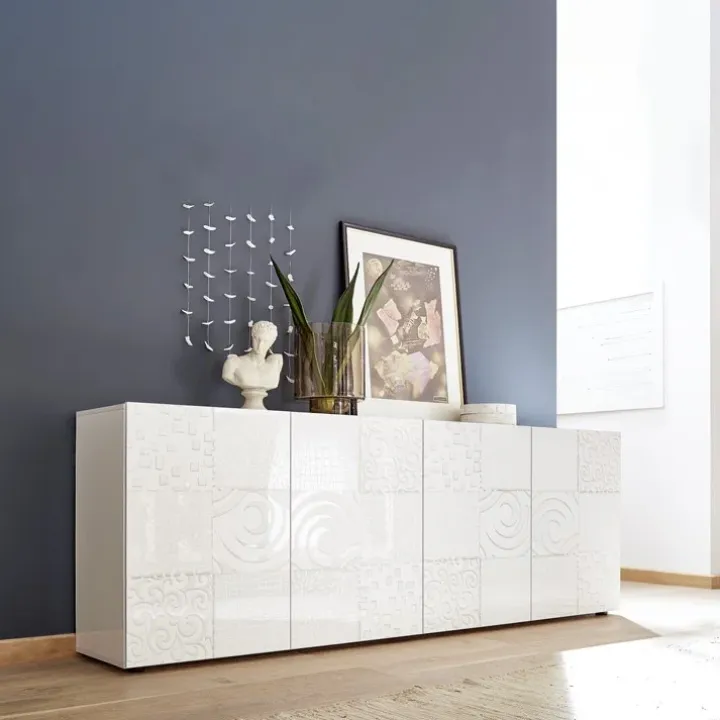 Madia 241x84h cm soggiorno bianco lucido con serigrafia Paradise