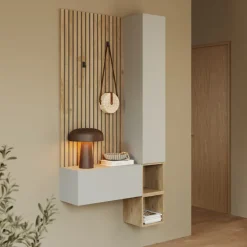 Mobile ingresso consolle 98x196h cm pannello cannettato rovere chiaro grigio chiaro Sunset Decor 1002