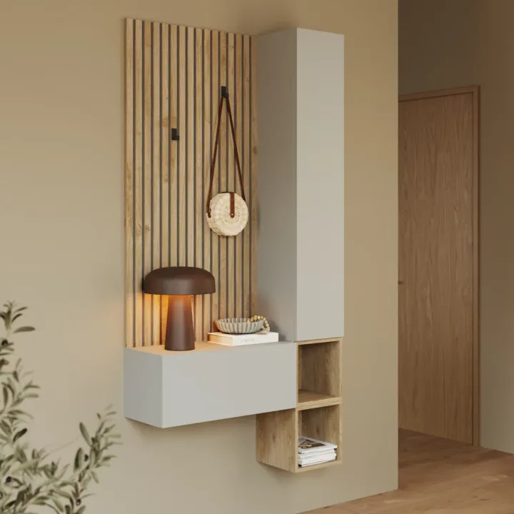 Mobile ingresso consolle 98x196h cm pannello cannettato rovere chiaro grigio chiaro Sunset Decor 1002