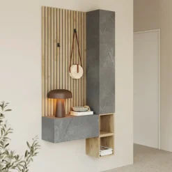 Mobile ingresso consolle 98x196h cm pannello cannettato rovere chiaro antracite Sunset Decor 1002
