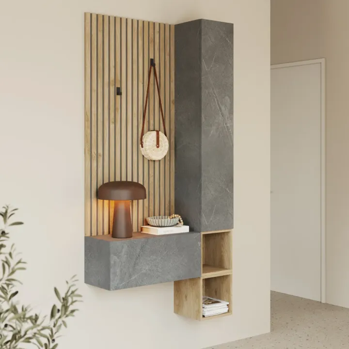 Mobile ingresso consolle 98x196h cm pannello cannettato rovere chiaro antracite Sunset Decor 1002