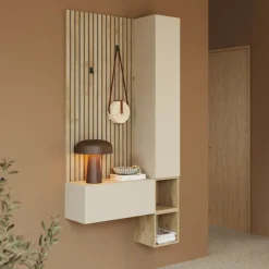 Mobile ingresso consolle 98x196h cm pannello cannettato rovere chiaro beige cashmere Sunset Decor 1002