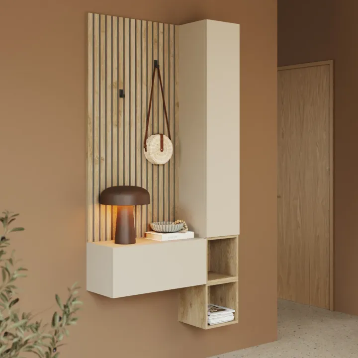 Mobile ingresso consolle 98x196h cm pannello cannettato rovere chiaro beige cashmere Sunset Decor 1002