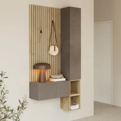 Mobile ingresso consolle 98x196h cm pannello cannettato rovere chiaro marrone bronzo Sunset Decor 1002