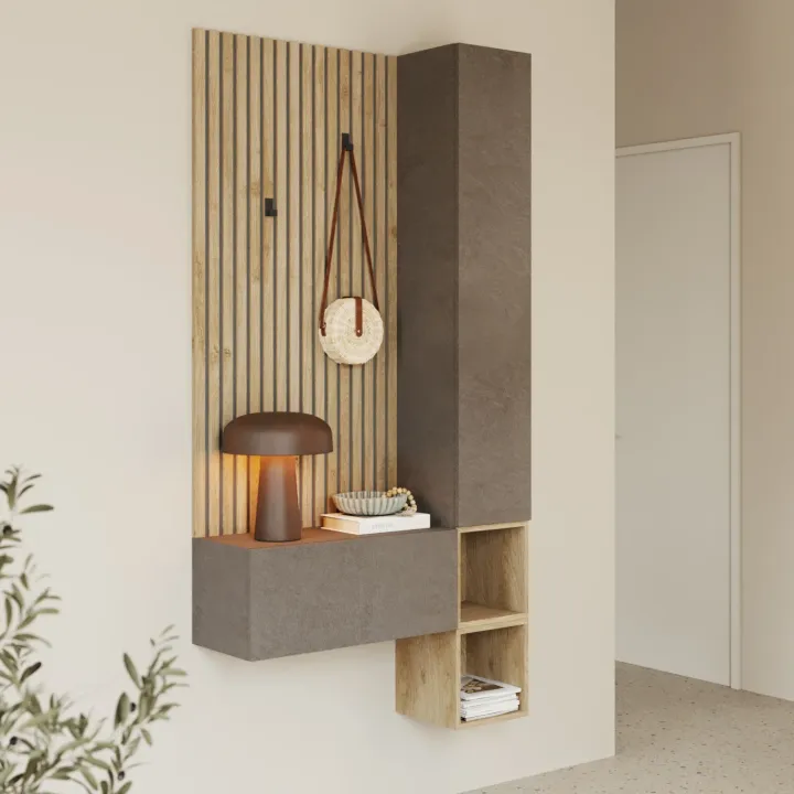 Mobile ingresso consolle 98x196h cm pannello cannettato rovere chiaro marrone bronzo Sunset Decor 1002