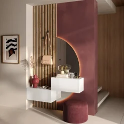 Mobile ingresso sospeso consolle 138x260h cm pannello cannettato bianco lucido rovere chiaro Sunset Decor 1024