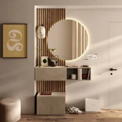 Mobile ingresso sospeso consolle 125x240h cm pannello cannettato tortora rovere chiaro Sunset Decor 1007