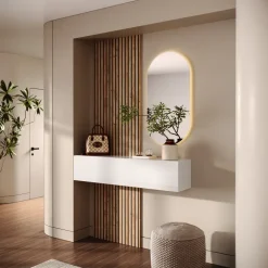 Mobile ingresso sospeso consolle 138x240h cm pannello cannettato bianco lucido rovere chiaro Sunset Decor 1008