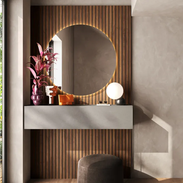 Mobile ingresso sospeso consolle 138x240h cm pannello cannettato grigio scuro rovere scuro Sunset Decor 1009