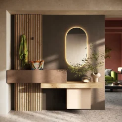 Mobile ingresso sospeso consolle 207x240h cm pannello cannettato beige marrone rovere chiaro Sunset Decor 1011