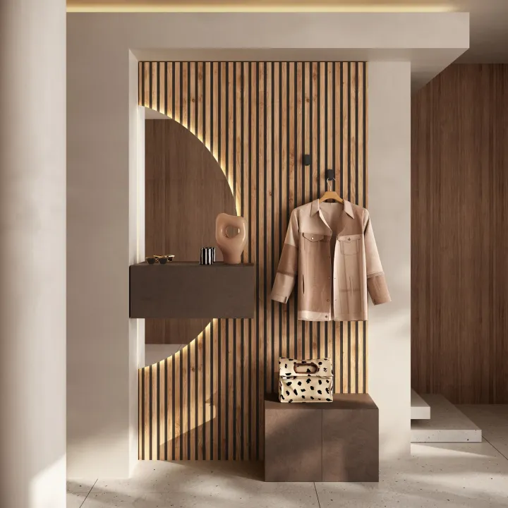 Mobile ingresso sospeso consolle 132x240h cm pannello cannettato marrone rovere chiaro Sunset Decor 1020