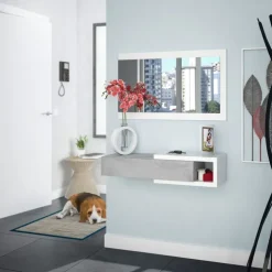 Mobile ingresso sospeso 95x99h cm consolle con specchio bianco cemento Mercury