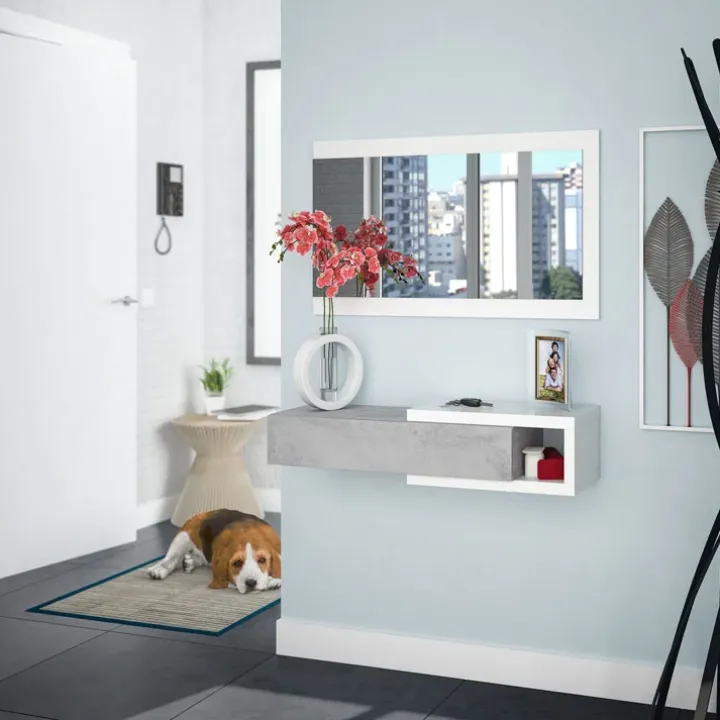 Mobile ingresso sospeso 95x99h cm consolle con specchio bianco cemento Mercury
