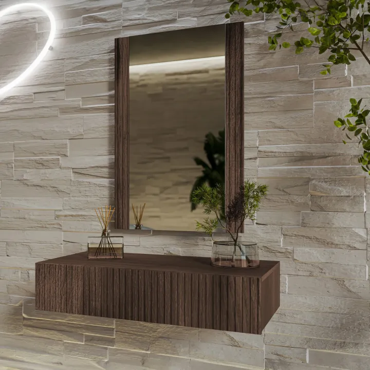 Mobile ingresso sospeso 80x97h h cm 1 cassetto con specchio noce cannettato Gabiot