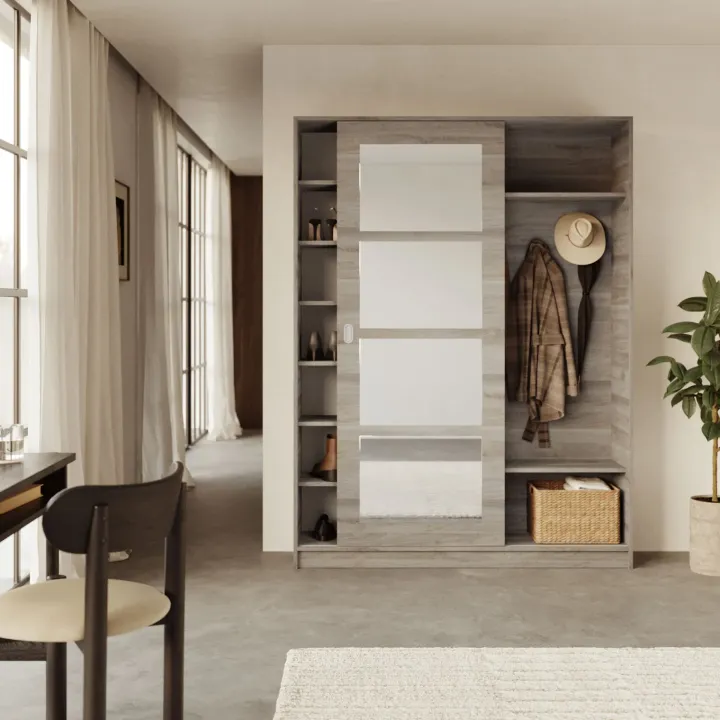 Mobile ingresso 150x200h cm anta scorrevole e specchio rovere naturale Sajama