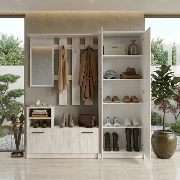 Mobile ingresso 155x190h cm appendiabiti scarpiera con specchio bianco frassinato Atlanta