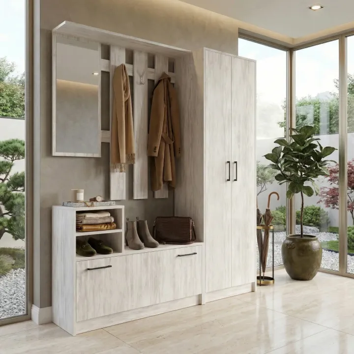 Mobile ingresso 155x190h cm appendiabiti scarpiera con specchio bianco frassinato Atlanta