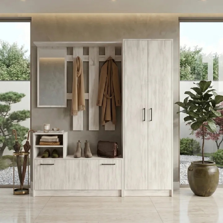 Mobile ingresso 155x190h cm appendiabiti scarpiera con specchio bianco frassinato Atlanta