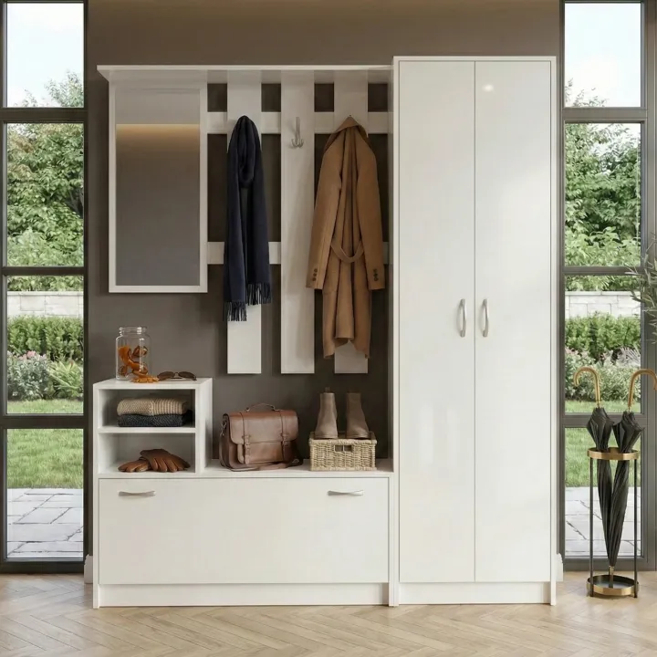 Mobile ingresso 155x190h cm appendiabiti scarpiera con specchio bianco lucido Atlanta