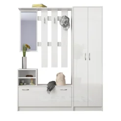 Mobile ingresso 155x190h cm appendiabiti scarpiera con specchio bianco lucido Atlanta