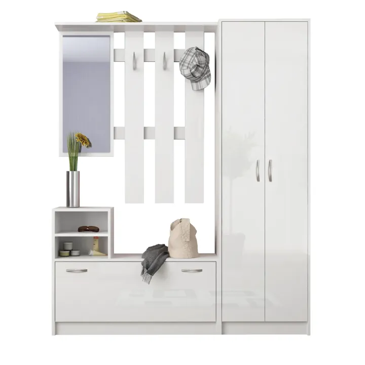 Mobile ingresso 155x190h cm appendiabiti scarpiera con specchio bianco lucido Atlanta