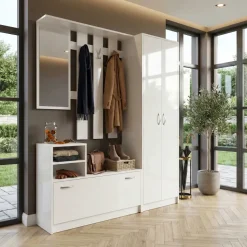 Mobile ingresso 155x190h cm appendiabiti scarpiera con specchio bianco lucido Atlanta