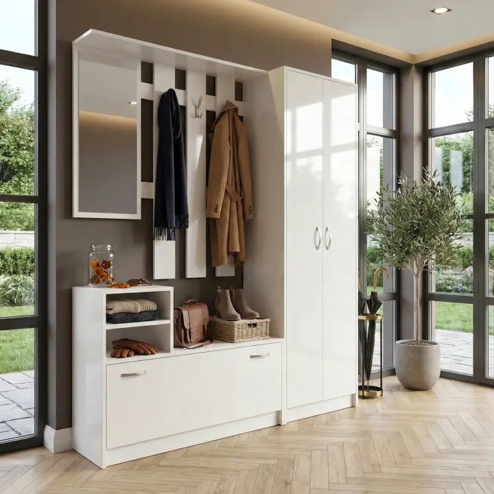 Mobile ingresso 155x190h cm appendiabiti scarpiera con specchio bianco lucido Atlanta