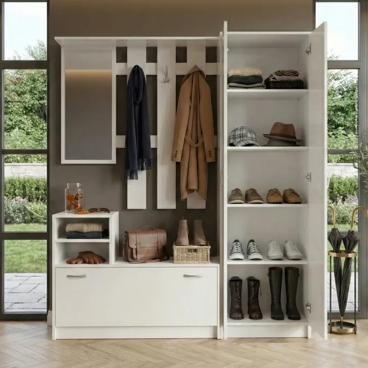 Mobile ingresso 155x190h cm appendiabiti scarpiera con specchio bianco lucido Atlanta
