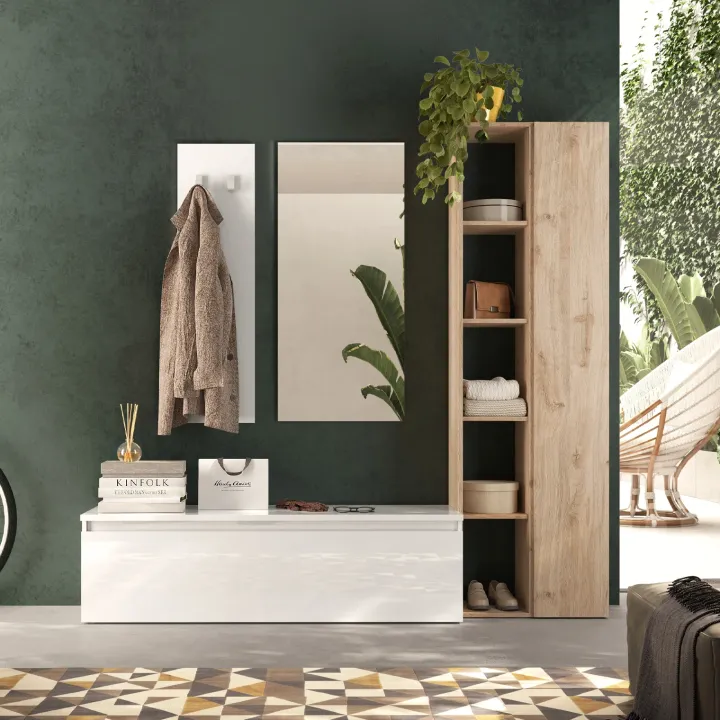 Mobile ingresso 194x186h cm bianco lucido rovere chiaro Sunset 108